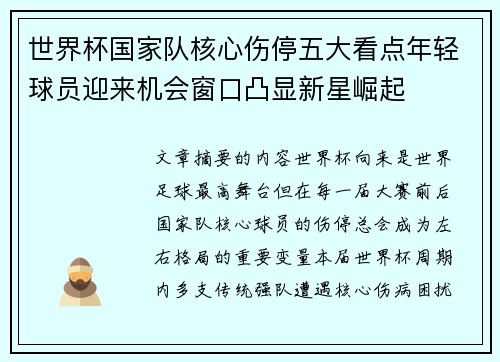 世界杯国家队核心伤停五大看点年轻球员迎来机会窗口凸显新星崛起